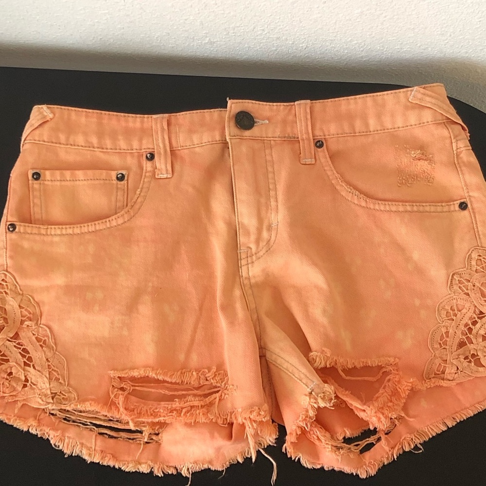 Free People Distressed Lace Orange Sherbet Shorts